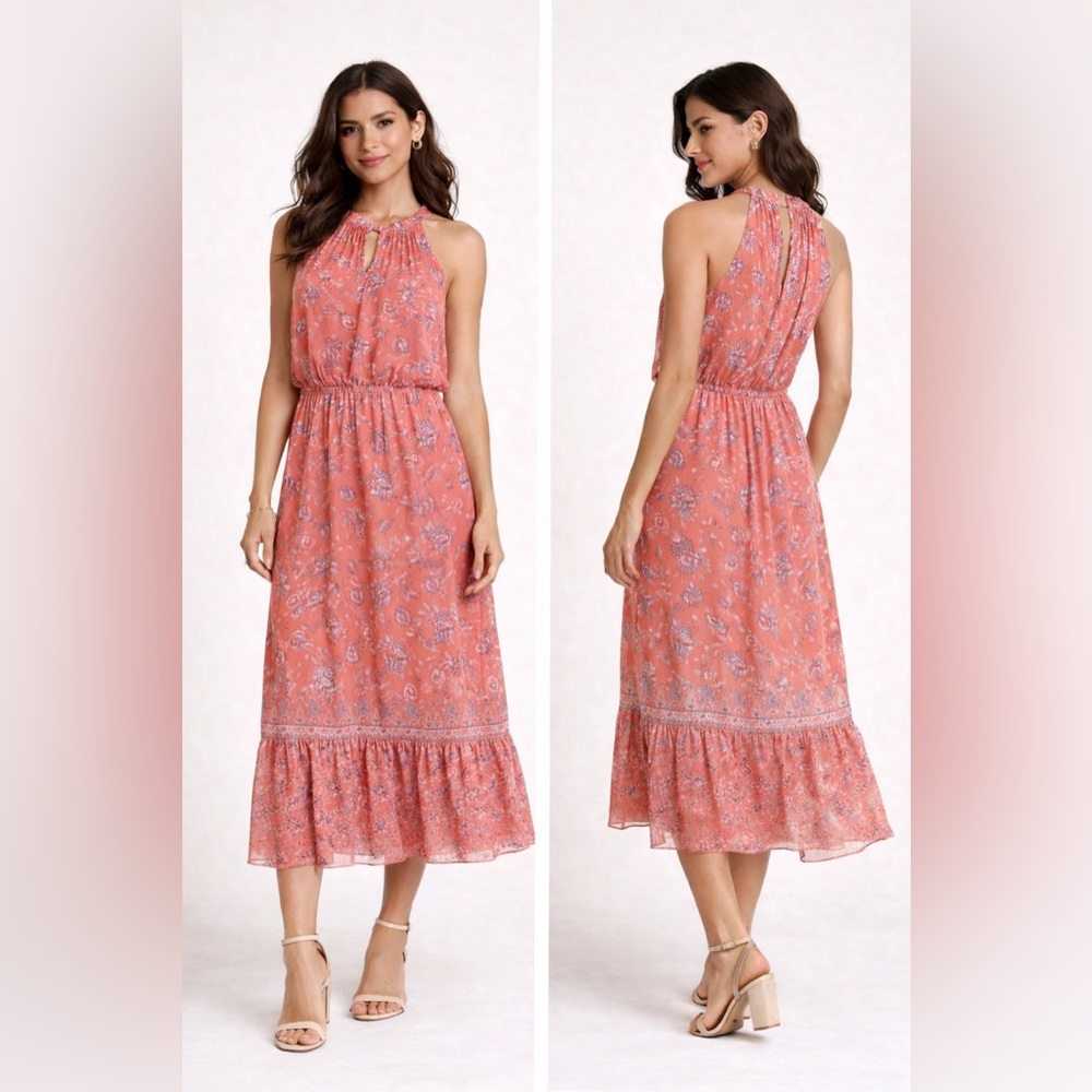 Joie 100% Silk Floral Midi Dress Small Boho Keyhole Halter Coral Pink Flowy